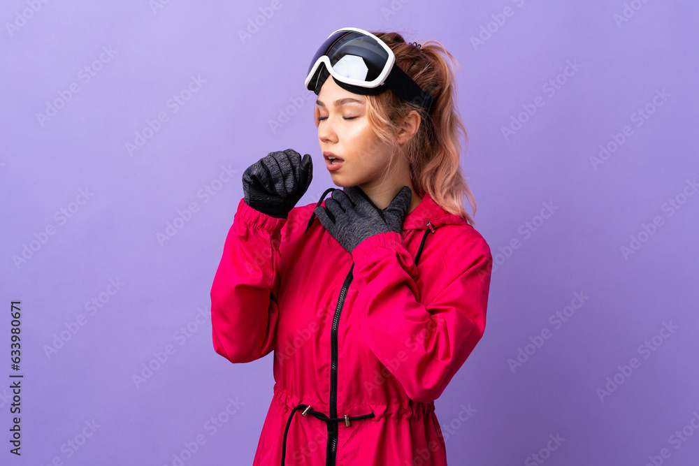 Skier teenager girl with snowboarding glasses over isolated purple background coughing a lot Skier teenager girl with snowboarding glasses over isolated purple background coughing a lot