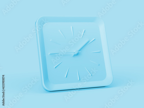 3d Simple Blue Square Wall Clock 1:45 One Forty Five Quarter To 2 Blue Background, 3d illustration photo