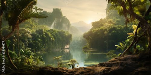 Panorama of dense jungle  wild forest with palm trees and tropical plants  With a sense of wilderness  exploration  and the untouched beauty of nature