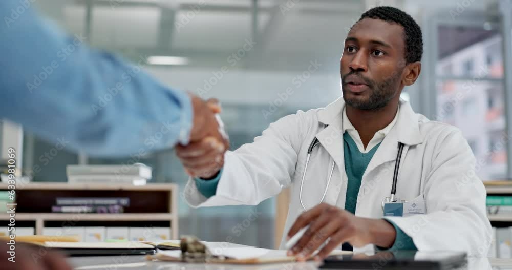 Consultation, doctor and patient with handshake, wellness and conversation with recovery, greeting and thank you. Medical professional, black man and person shaking hands, healthcare support and help Consultation, doctor and patient with handshake, wellness and conversation with recovery, greeting and thank you. Medical professional, black man and person shaking hands, healthcare support and help