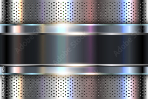 Metallic silver background with opalescent pearl colors, chrome metal background with perforated texture.
