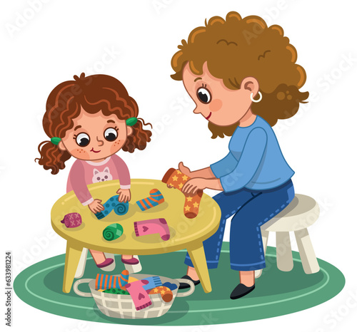 Vector illustration of little girl folding socks with her mother. 