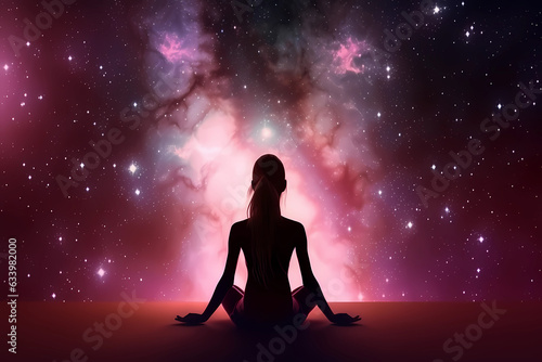 Harmony of the Universe: Silhouette of a Meditating Girl on Abstract Cosmic Background AI Generated. © Marina Varnava