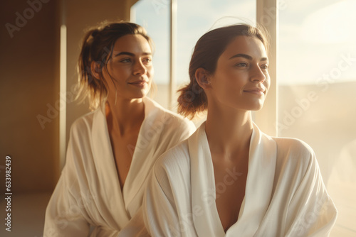 Two women in white bathrobes enjoying a nice day at the spa