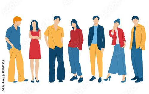  Set of young men and women, different colors, cartoon character, group of silhouettes of standing business people, students, the design concept of flat icon, isolated on white background