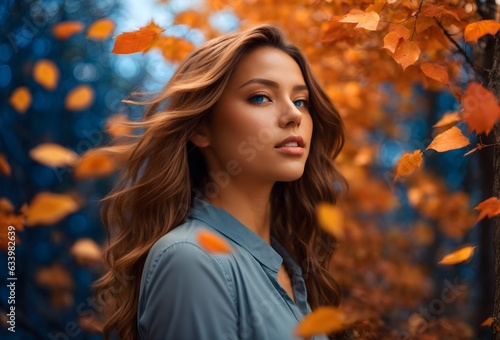 Beautiful caucasian brunette girl with blue eyes, autumn style background with falling leaves, banner with copy space text 