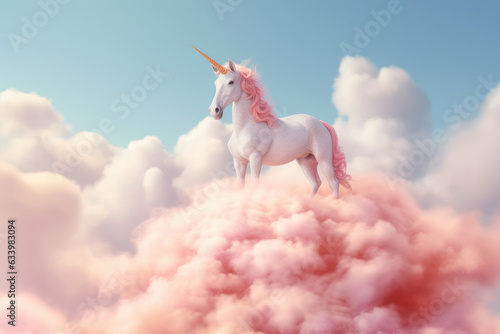 A white unicorn with candy cotton pink hair riding on pink clouds