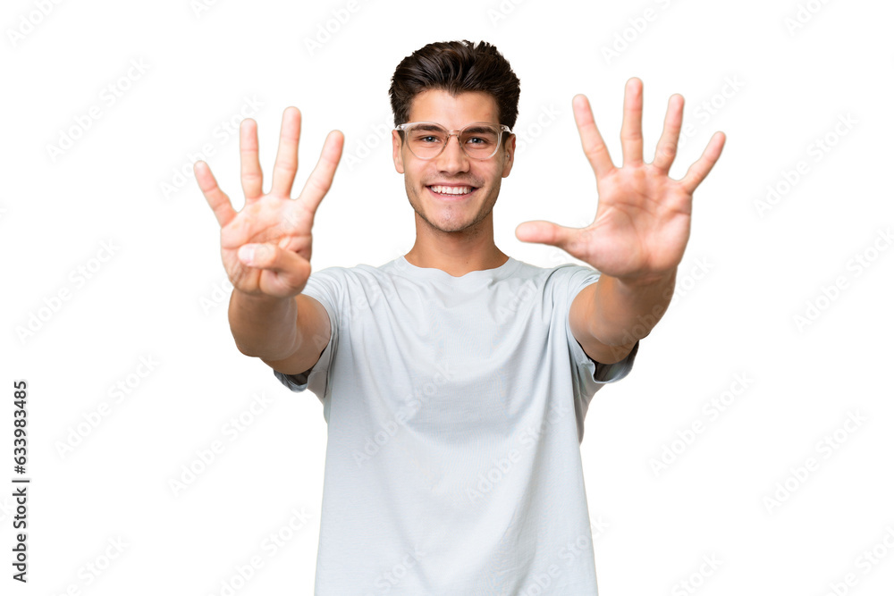 Young caucasian handsome man over isolated background counting nine with fingers Young caucasian handsome man over isolated background counting nine with fingers