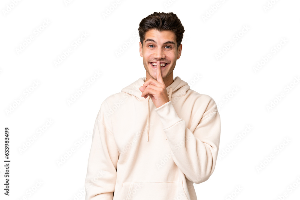 Young caucasian handsome man over isolated background showing a sign of silence gesture putting finger in mouth Young caucasian handsome man over isolated background showing a sign of silence gesture putting finger in mouth