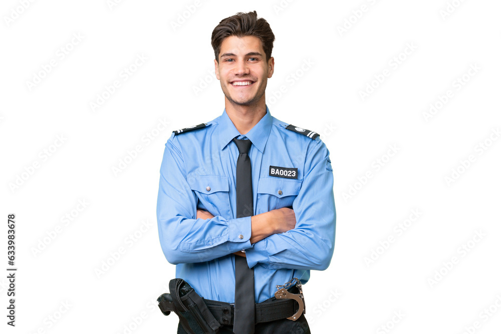 Young police man over isolated background keeping the arms crossed in frontal position