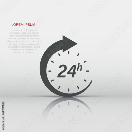 24 hour clock icon in flat style. Timer countdown vector illustration on isolated background. Time measure sign business concept.