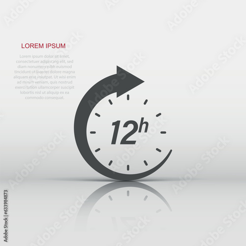 12 hour clock icon in flat style. Timer countdown vector illustration on isolated background. Time measure sign business concept.