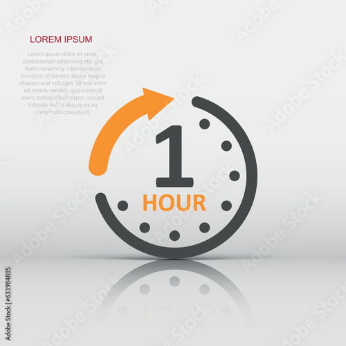 1 hour clock icon in flat style. Timer countdown vector illustration on isolated background. Time measure sign business concept.