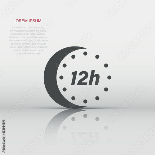 12 hour clock icon in flat style. Timer countdown vector illustration on isolated background. Time measure sign business concept.