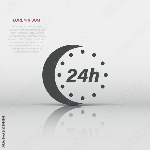 24 hour clock icon in flat style. Timer countdown vector illustration on isolated background. Time measure sign business concept.
