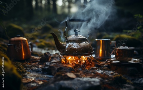 Rustic Percolator on Campfire. Generative AI