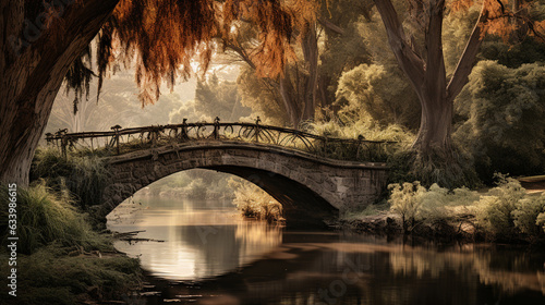 Golden Era Connection: A sepia-toned image of a historic bridge, capturing the essence of a bygone era, surrounded by lush, overgrown vegetation 