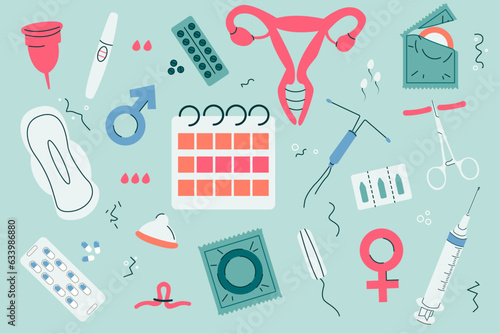 Set vector illustration of contraception and women's days. Means of protection.Monthly.Pms.Vector set in a minimal style in pastel colors.