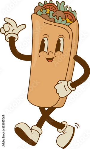 retro cartoon funny doner kebab, pita characters. Vintage taco, burritos, gyros mascot vector illustration. Nostalgia 60, 70s, 80s