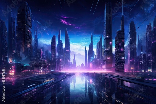 Cyberpunk Futuristic city panorama. Fantasy future with neon signs and lights.