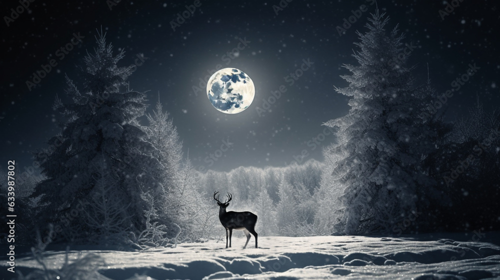 A reindeer out in the snow with a full moon A reindeer out in the snow with a full moon