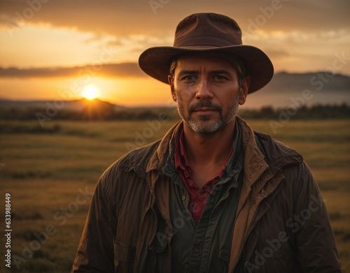a rustic man with a hat in a field at sunset