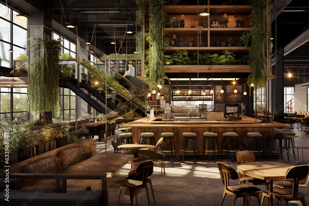 Design a contemporary farm-to-table restaurant, incorporating reclaimed barnwood, repurposed farm equipment, and live herb gardens, embracing sustainability.