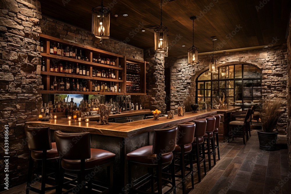 Craft an inviting wine bar with a stone-clad accent wall, oak barrel tables, and soft leather bar stools, inviting guests to unwind and savor fine wines.