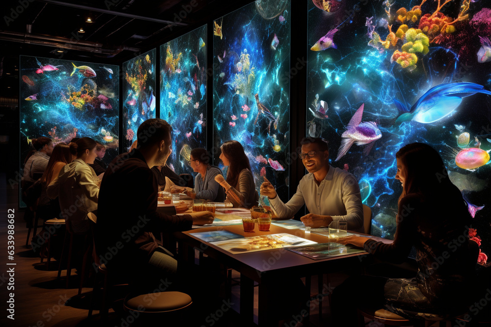 Design a high-tech, interactive dining experience, incorporating touchscreen menus, augmented reality projections, and digital art installations.