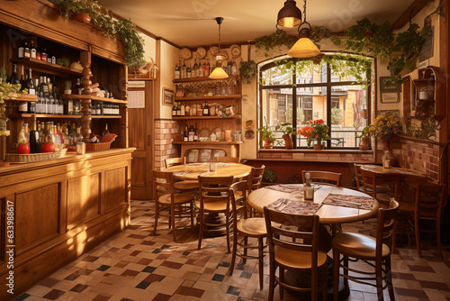 Capture the charm of an Italian trattoria with terracotta tiles  wooden wine racks  and checkered tablecloths  evoking a warm and inviting Mediterranean feel.  