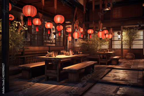 Craft a Japanese izakaya with traditional tatami flooring, paper lanterns, and wooden shoji screens, enveloping guests in an authentic, cultural ambiance."  © Maksym