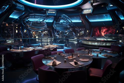 Create a futuristic space-themed restaurant, featuring sleek metallic surfaces, holographic displays, and cosmic lighting, offering a cosmic dining experience." 
