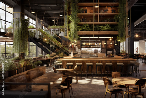 Design a contemporary farm-to-table restaurant, incorporating reclaimed barnwood, repurposed farm equipment, and live herb gardens, embracing sustainability." 