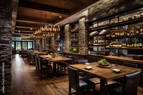 Craft an inviting wine bar with a stone-clad accent wall, oak barrel tables, and soft leather bar stools, inviting guests to unwind and savor fine wines." 