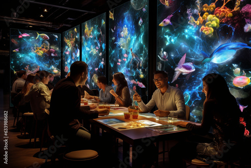 Design a high-tech, interactive dining experience, incorporating touchscreen menus, augmented reality projections, and digital art installations." 