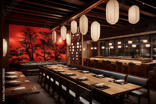 Design a modern Asian fusion restaurant, combining elements from various cultures, with bamboo partitions, rice paper lanterns, and contemporary artworks." 