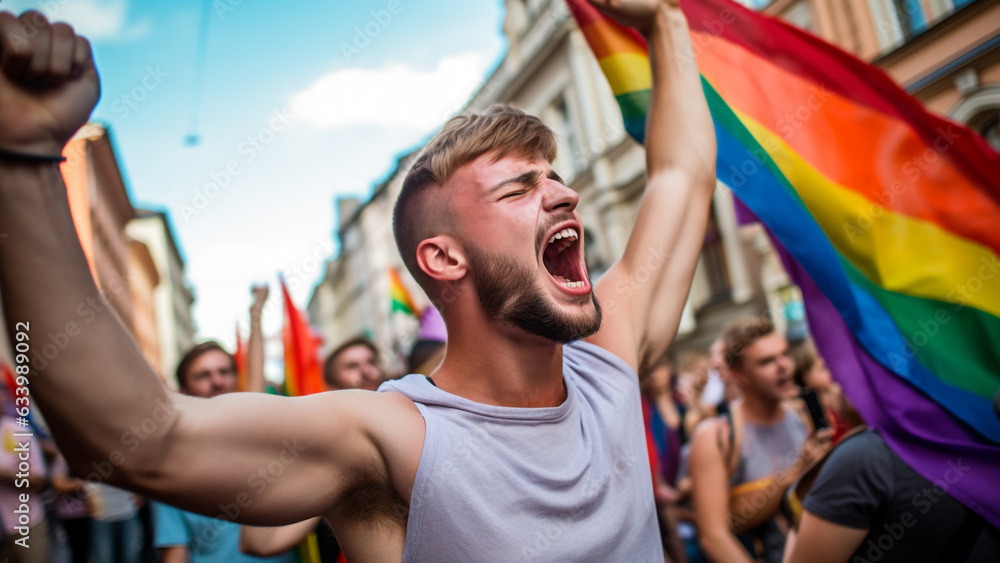 Dynamic view of protest march for LGBT rights on city street, holding rainbow flag Dynamic view of protest march for LGBT rights on city street, holding rainbow flag