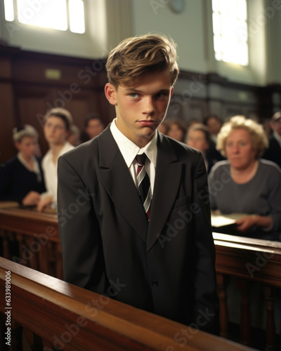 A court bailiff stands nobly in the background as a young defendant awaits the judges verdict with fearful anticipation.
