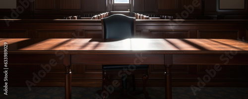 Fotografia An empty judges seat in a courtroom with shadows cast across it to represent the power of the court system