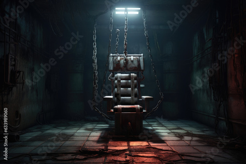 An empty electric chair stands alone in the corner of an old deafeningly quiet chamber. photo
