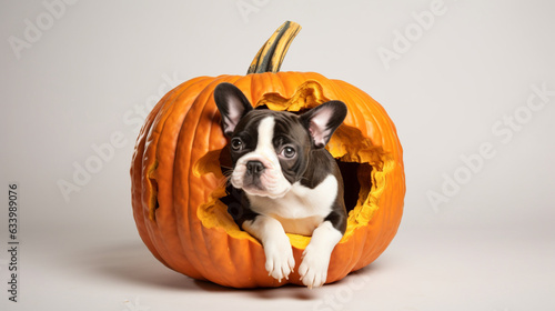 A dog in a pumpkin for halloween