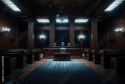 Light and Dark Distinction A sideangle shot of an open court room with a single beam of light stretching to the judicial bench while
