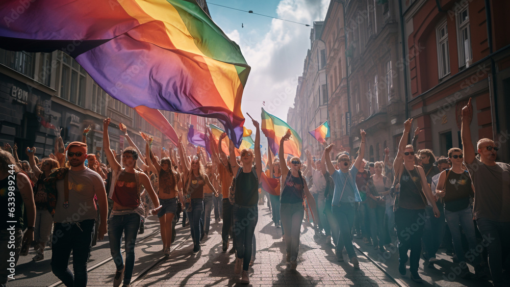 Dynamic view of protest march for LGBT rights on city street, holding rainbow flag - obrazy, fototapety, plakaty 