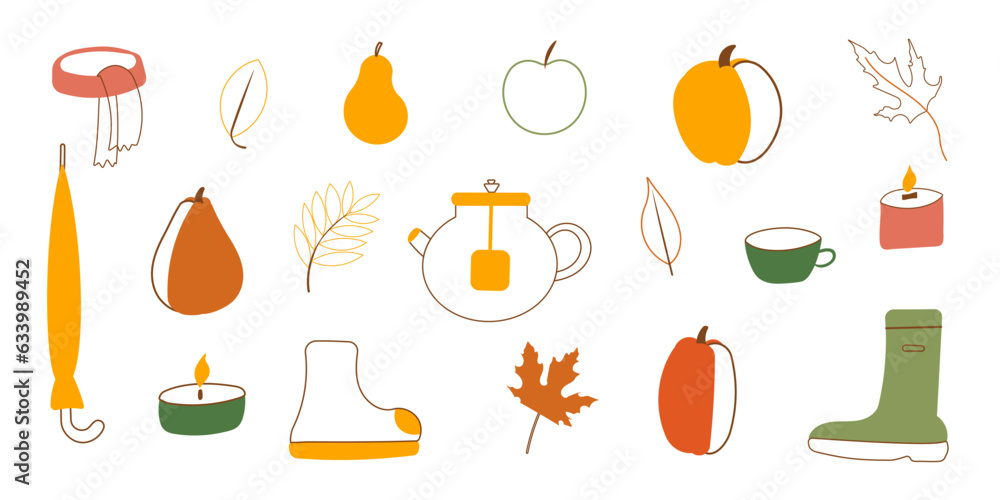 autumn pumpkin mushroom leaves set elements line autumn pumpkin mushroom leaves set elements line