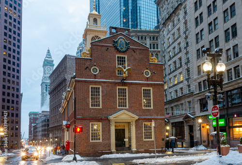 Old State House and the skyscrapers of the Financial District at night in Boston, Massachusetts, USA photo