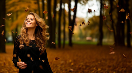Joyful smiling Woman with falling leaves in a park in the autumn. Colors are warm orange and yellow. Concept of fall colors, fashion and happiness. Shallow field of view.