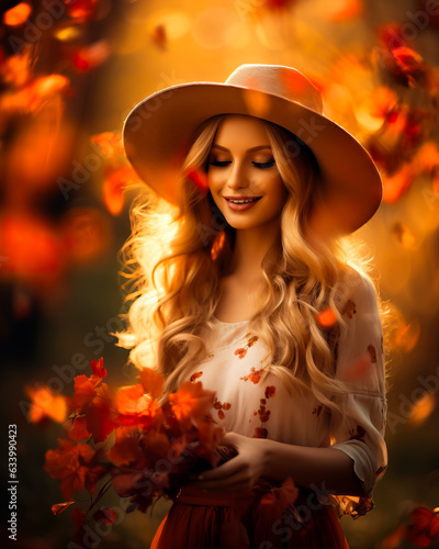 Joyful smiling Woman with falling leaves in a park in the autumn. Colors are warm orange and yellow. Concept of fall colors, fashion and happiness. Shallow field of view.
