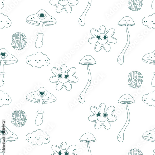 Groovy linear mushroom patter seamless. Vector illustration