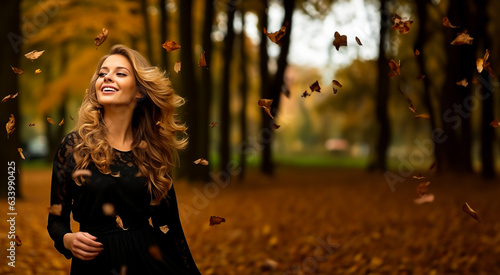 Fototapeta Naklejka Na Ścianę i Meble -  Joyful smiling Woman with falling leaves in a park in the autumn. Colors are warm orange and yellow. Concept of fall colors, fashion and happiness. Shallow field of view.
