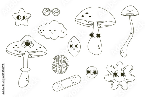 Groovy linear clip art sticker set. Vector illustration